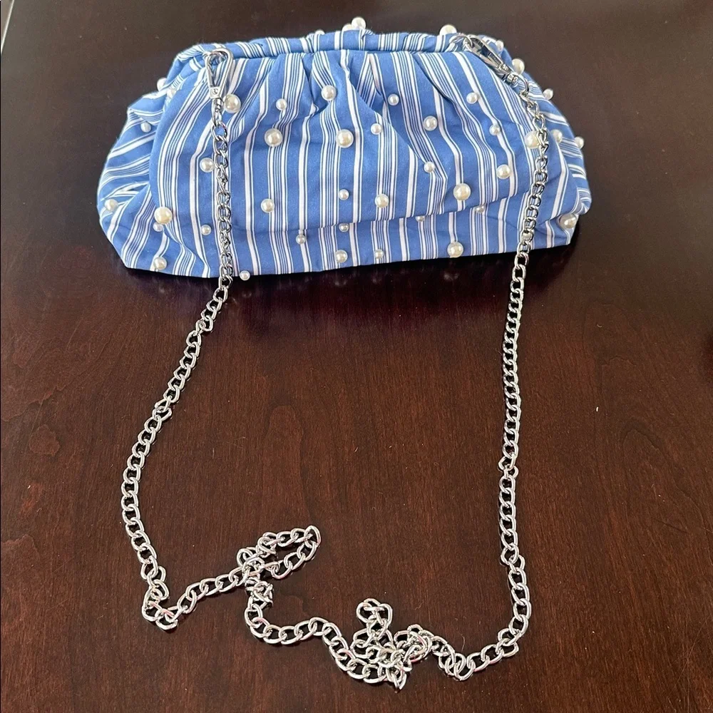 CATO Blue & White Striped Poplin with Pearls Clutch or Chain Crossbody Preppy